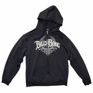Vintage Billabong Full Zip Hoodie Y2K Graphic Black XL Organic Cotton Blend